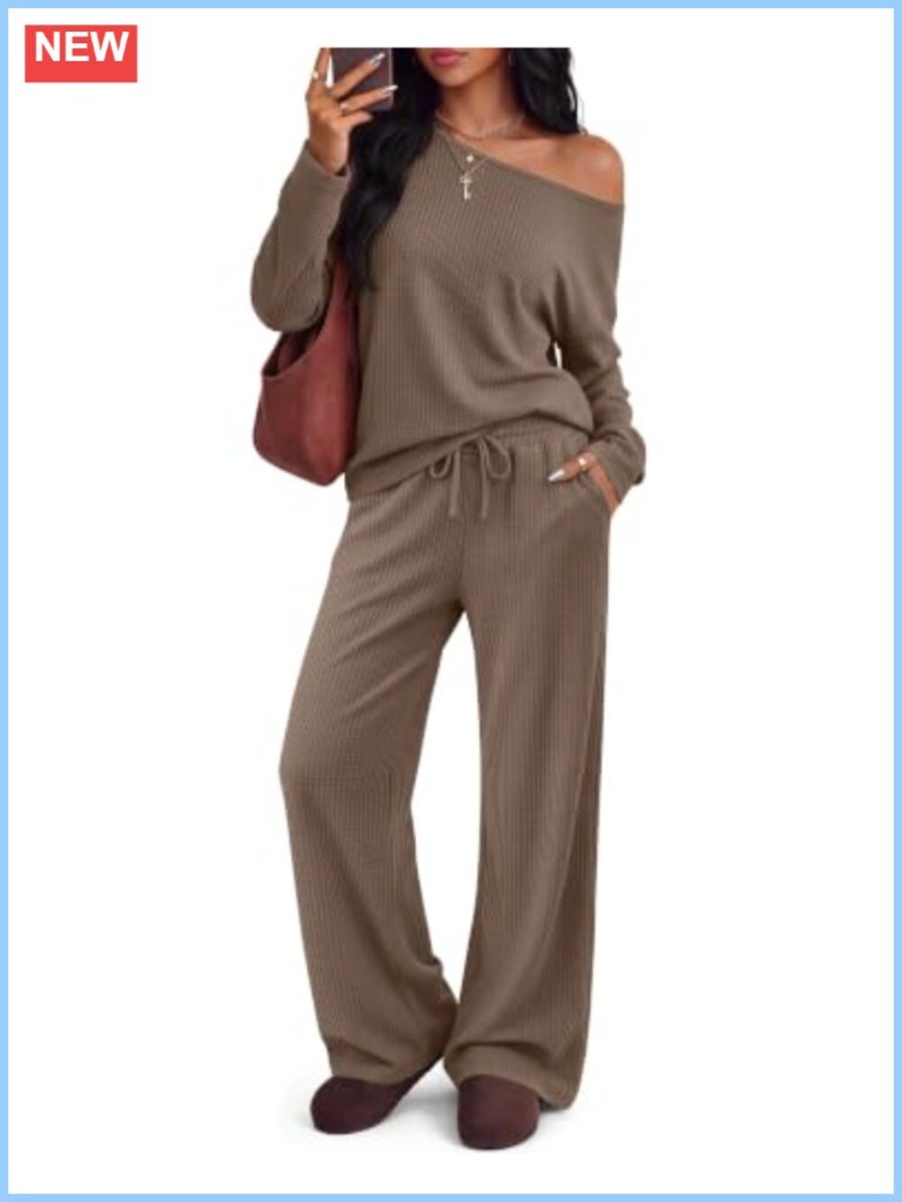 Waffle Knit Off Shoulder Lounge Set Long Sleeve Top Wide Leg Pants